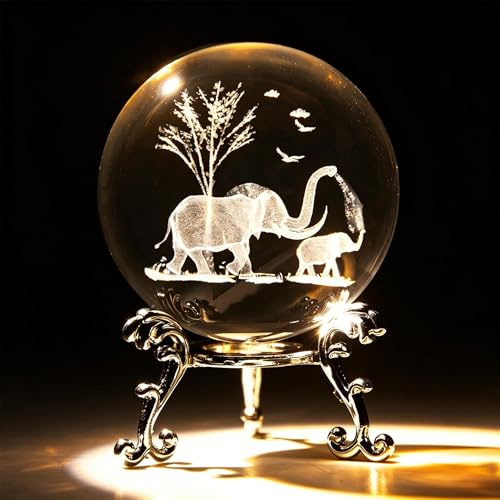Briefbeschwerer mit Ständer, Elefanten-Kristallkugel, 60 mm | 3D-Gravur, Elefanten-Dekoration, 6 cm, transparente Glaskugel, Papierbeschwerer, Laser-Tierfigur für Tischplatte, Büro