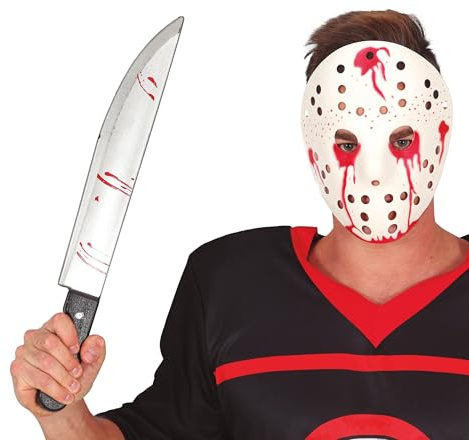FIESTAS GUIRCA | Cuchillo con Sangre de Mentira (50 cm) - Accesorio para Disfraz de Cocinero Asesino Chef Halloween Carnaval Terror Fiesta Temática Adulto Infantil - Plata Negro Rojo