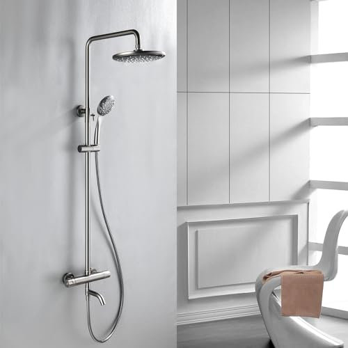 BEITH Duschsystem mit Thermostat, 3 Funktionen Wandmontage Regendusche mit Armatur, 10inch/25cm Runden Duschkopf aus Edelstahl 304, 90° Drehung Badewannenarmatur, Messingventil, Höhenverstellbar