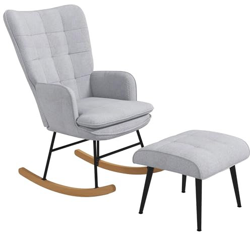 HOMCOM Schaukelstuhl Schwingsessel mit Hocker, Armlehnsessel, Sessel mit Leinenoptik, Schaukelsessel bis 130 kg Belastbarkeit für Schlafzimmer, Wohnzimmer, Hellgrau