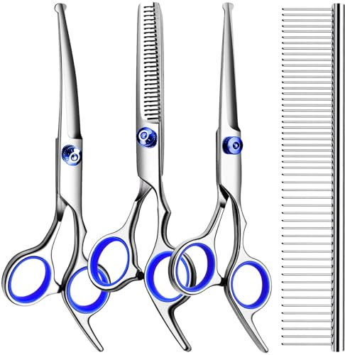 TINMARDA Professional Dog Grooming Scissors Kit, Titanium Coated 5 in 1 Stainless Steel Grooming Shears Kit with Straight, Curved and Thinning Scissors for Dogs, Cats and Pets at Home
