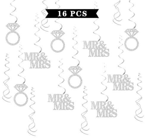 Maicaiffe Mr & Mrs Hanging Swirl Decorations - Glitter 16 Pcs Bridal Shower Party Supplies - Engagement Wedding Streamers - Bride Groom to Be Bachelorette Party Foil Swirls Ceiling Decorations