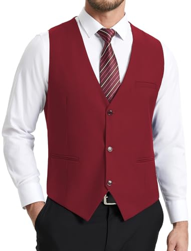 HISDERN Herren Anzugweste Burgund Formelle Hochzeit Anzug Westen Klassische Einfarbig Weste Elegant Smoking Anzugwesten für Männer mit Taschen XL