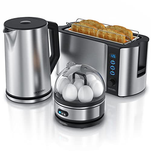 Arendo Ensembles Bouilloire et grille-pain et cuiseur à oeufs Bouilloire en inox 1,5L 40°-100°C, Toaster 4 Tranches Ecran LED 6 niveaux de brunissage, Cuiseur à oeufs 1-7 oeufs, Verre doseur, Gris