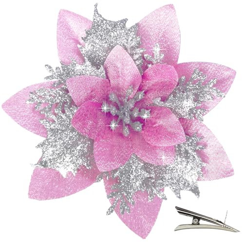 MIKAILE 20 Stück Weihnachten Glitzer Weihnachtsstern Blumen mit Clips, Poinsettia Weihnachtsblume Glitzernde für Weihnachtsbaum Dekorationen (Rosa Silber)