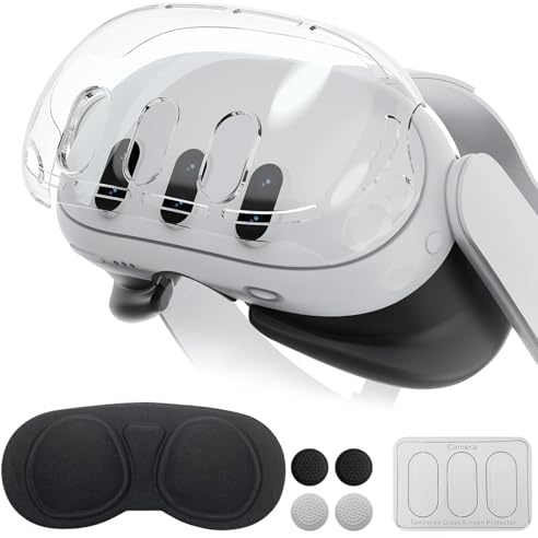 Qoosea 4 in 1 Schutzhülle für Meta Quest 3, VR Zubehör Hülle Kompatibel mit Meta Quest 3, PC Schutzschale Schutz mit 1 x Headset-Abdeckung, 3 x Kameraobjektiv aus Gehärtetem Glas 4 x Joystick-Kappen