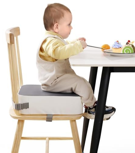 TOTIDYH Asiento elevador para silla de comedor para niños pequeños, 10 cm, poliuretano lavable (gris blanco) | Cojín elevador lavable para mesa de comedor, asiento elevador infantil para silla de comedor con 2 correas ajustables