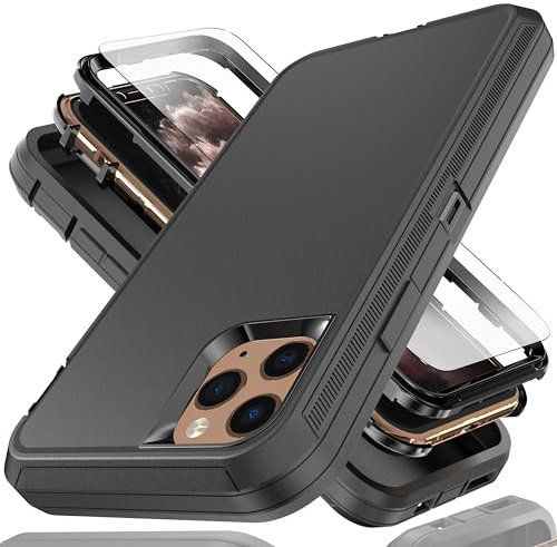 YmhxcY for iPhone 11 Pro Case 5.8-Inch with Explosion-Proof Screen Protector,3 in 1 Shockproof TPU Hard PC Bumper Drop-Proof Shell for iPhone 11 Pro-Black