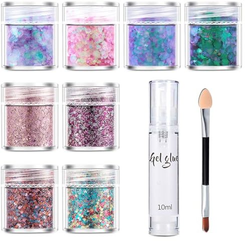 Glitzer Pailletten Set, 8 Farben Holografischer Gesicht Glitzer mit Gel Kleber und Pinsel, Fein & Grob Body Glitter für Gesicht Haare Nägel DIY Deko, Glitzer Schminke für Festivals & Partys