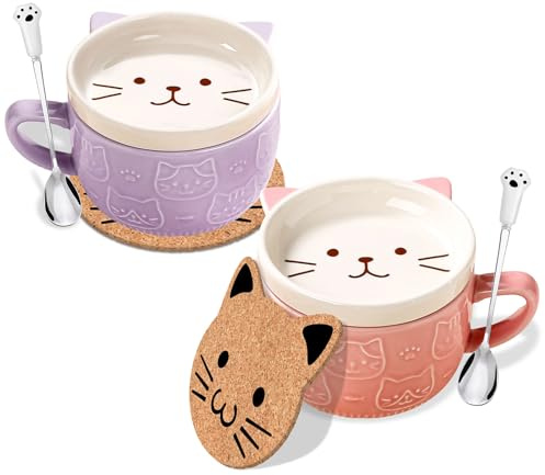 Süß Katze Tassen mit Deckel Personalisierte Geschenke Für Frauen Mädchen Beste Freundin Katzenliebhaber Lustige Kaffeetassen Teetassen Set Geburtstagsgeschenk Dankeschön Geschenke Weihnachten 2 Sets