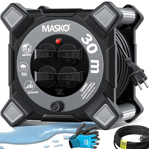 MASKO® Kabeltrommel 30m | Verlängerungskabel mit Schutzkontaktsteckdosen & Wickelgriff | Outdoor Kabelaufroller Thermoschutz | Gerätetrommel IP44 1000W ~ 3000W | inkl. Tragegriff und Montagehandschuhe