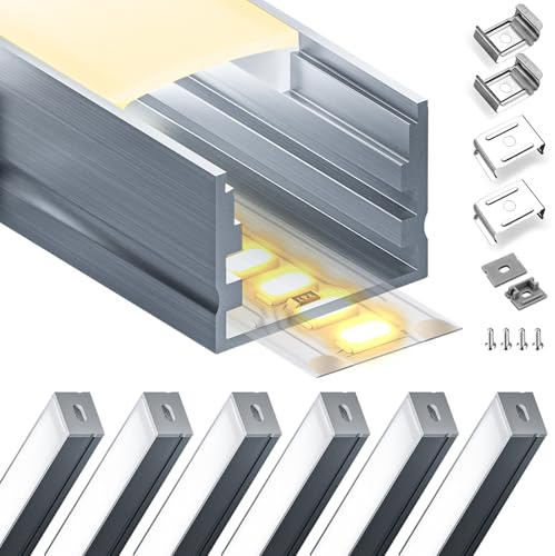 LASLUX LED Profil 2 m x 6 Stück (12 m), für led Streifen, blickdichte Abschirmabdeckung, Geeignet für die größten led Streifen mit einer Größe von 15 mm - Aluminium Profil 20 x 15 mm