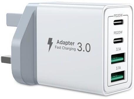 USB C Plug Fast Charge, 40W 4-Port Multi USB Charger Plug UK Dual Port PD Power Adapter +QC Wall Plug Multiport Mains Type C Charging Plug for iPhone 16 15 14 13 12 11 Pro Max XS XR 8, Samsung, iPad