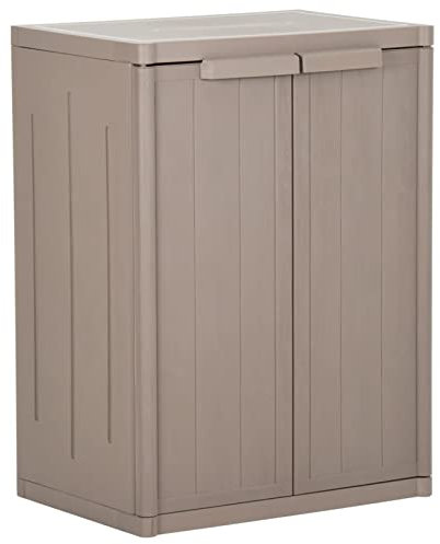 Homgoday Armadietto portaoggetti da giardino marrone, 65 x 45 x 88 cm, in polipropilene, aspetto di legno, capanna con 2 ante e ripiani, soluzione di archiviazione per esterni, balcone