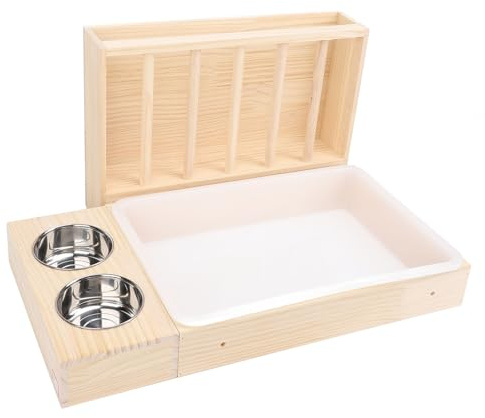 3 i 1 Kaninhömatare med Kattlåda, 2 Skålar i Rostfritt Stål, Träsäker för Chinchillor för Marsvin Chinchillor Hamster Dvärgkanin, Kaninfoderkrubba för Smådjur