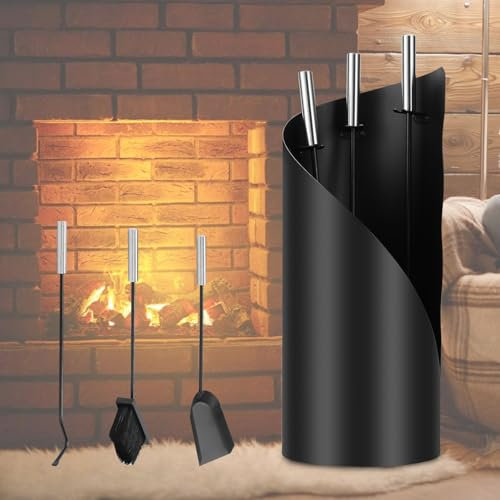 ISOISL Set di posate per camino, 4 Pezzi, Set di posate per camino, con scopa, pala, gancio in ferro, supporto, Attrezzi per camino con manici in acciaio inox, Attrezzi Camino Moderni