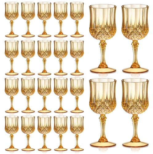 XUWAIDSGN 24 Pcs 7oz Plastic Vintage Wine Glasses Drinking Glasses Unbreakable Wedding Glassware Crystal Water Goblets Reusable Drinkware Vintage Champagne Flutes (24, Amber)