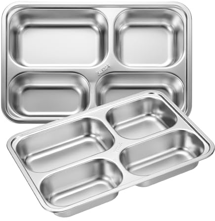 sourcing map 2 piatti piani in acciaio inox divisi, 25,9 x 18 cm, piatti da portata rettangolari con 4 sezioni quadrate, vassoio per mensa, ristorante, controllo porzioni e campeggio
