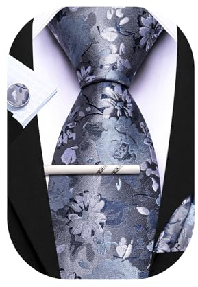 Barry.Wang Lot de 4 cravates carrées pour homme - Motif floral - Boutons de manchette - Pour mariage, fête, affaires, Fleur bleue et blanche, taille unique