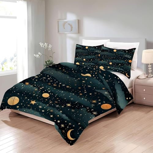 Bettdecke 200x220 Ohne Bezug Nutzbar, Sternenhimmel Sterne Bettdecken Waschbar Ganzjahresdecke Universum 4 Jahreszeiten Steppdecke, Bettzeug Microfaser mit 2 Kissenbezug für Sommer Winter Doppelbett