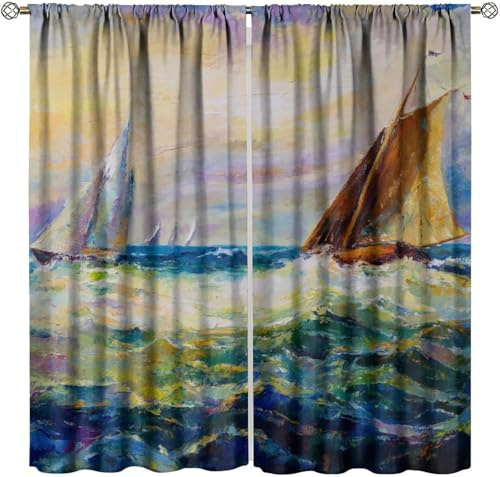 Pencil Pleat Blackout Curtains Sailboat Landscape 150X166 Cm (W + H) Indoor Blackout Curtain, 3D Thermo-Insulating Window Curtains Polyester Material Bedroom Drapes Blackout Curtains -545409258