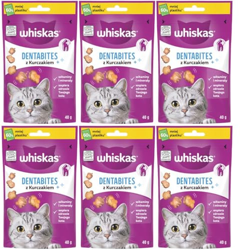 WHISKAS Mugg Dentabites kattsnacks med kyckling 6 x 40 g - tandvårdssnacks för katter med kyckling
