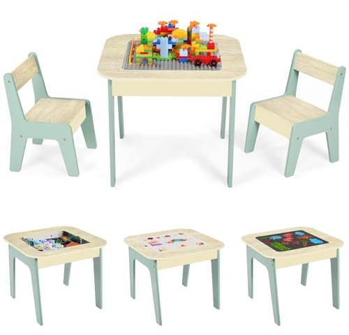 Clevich Kinder Tisch Stuhl Set, Kindersitzgarnitur, Stauraum, mit 2 PCS Stühlen, Kindersitzgruppe, Doppelseitiger Maltisch & Bauplatte, Packung mit 2 Stühlen, Kindermöbel für Kinderzimmer, Grün