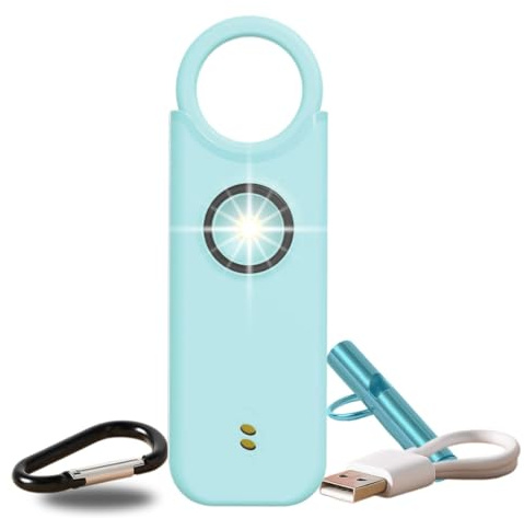 Alarme Personnelle Femme 135 DB Ultra Puissante, Kit Auto Défense avec Sifflet Urgence + Détecteur Porte/Fenêtre, Rechargeable USB-C, Lampe LED, Azur