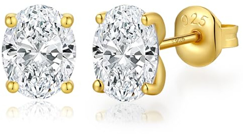 Oval Earrings for Women Men Diamond Stud Earring Cubic Zirconia Gold Plated Oval Stud Earring 6MM Sterling Silver Men Earring Fake Diamond Earring Hypoallergenic CZ Studs Jiahanzb