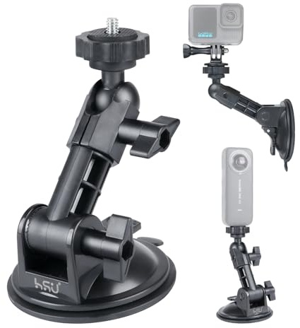 HSU 8,1 cm (3,2 tum) bil sugkopp montering för GoPro Insta 360 Osmo actionkamera | Vinkeljusterbar instrumentkamerahållare med actionkamerastativadapter, perfekt för bilvindruta och fönster släta ytor