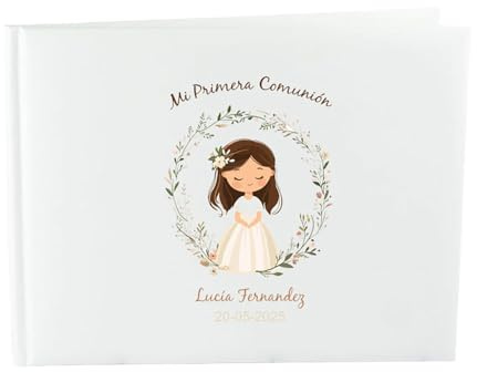 CALLE DEL REGALO - Libro de Firmas Primera Comunión Personalizado para Niña | Álbum de Recuerdos Tapa Rígida Acolchada 27x21 cm | 40 Páginas | Diseño Corona de Flores Personalizable con Nombre y Fecha