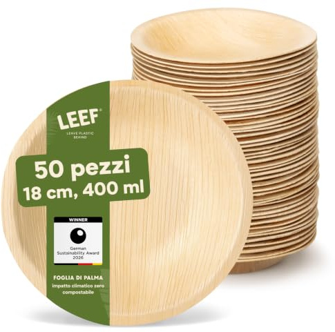 Leef 50x Palmblatt Schalen rund - Einweggeschirr kompostierbar und naturbelassen - Ø18 x 3,5 cm - umweltfreundlich - Geschirr Partygeschirr Einwegteller
