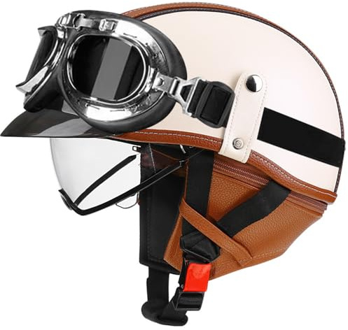 VVPEC Motorcykelhalvhjälm, motorcykel tysk läderhalvhjälm, ECEDOT-godkänd halvskalshjälm med keps och skyddsglasögon, retro öppen hjälm med justerbart snabbspänne(9,M=57~58cm)