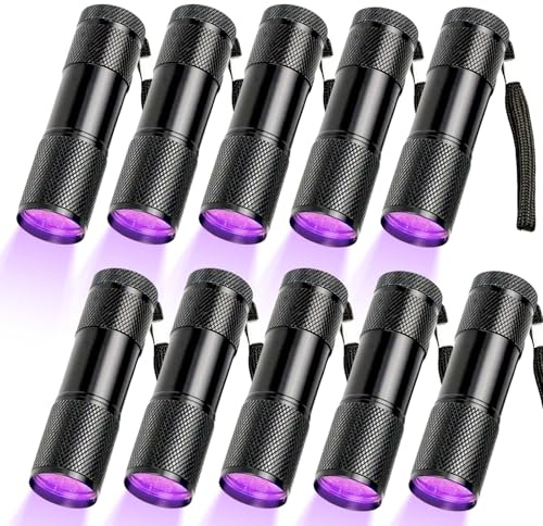 GAOUTO 10 Stück UV Schwarzlicht Taschenlampe, Mini UV Taschenlampe Bernstein mit 9 LEDs, Schwarzlichtlampe Handlampe, Ultraviolettes Licht für Unechte Banknoten Geocaching und Heimtierurindetektoren