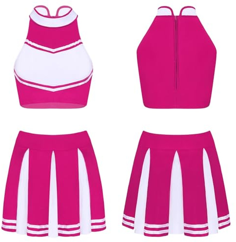 Cheerleader uniformer för kvinnor skimrande strass cheerleading kostym cheerleading uniform, långärmad perforerad kort topp och skate kjol, dansklänningar (Pink C, M)
