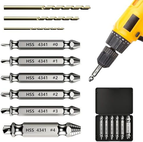 9PCS Screw Extractor Set, Durable Screw Remover and Extractor Bit Set with Twist Drill Bits, Titanium-Plated Double-Ended Bolt Extractor Tools for Damaged Broken Stripped Screws and Rusted Nuts