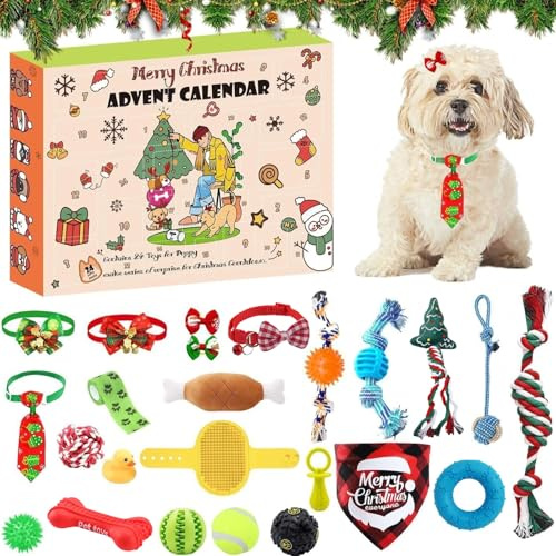 Calendrier de l'Avent 2025 pour chien, compte à rebours de Noël de 24 jours avec jouets à mâcher, cordes, balles couinantes, coffret cadeau pour chiots, jouets de dentition et bandana pour les