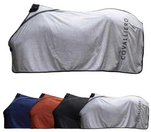 Covalliero - Fleecedecke – Pferde Abschwitzdecke – Decke mit Widerristpolster aus Fell, Kreuzgurten, Brustschnalle & Schweifriemen – atmungsaktive Pferdedecke in Steel Grey – Größe 135cm