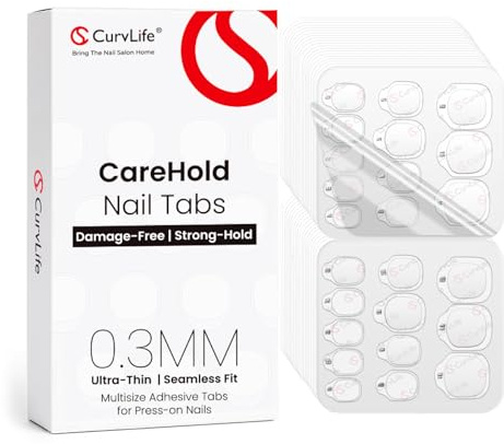 Curvlife CareHold Nail Adhesive Tabs for Press On Nails – 20 Sheets, 12 Sizes Strong Hold 0.3mm Ultra Thin Nail Glue Stickers Waterproof Breathable Double Sided Sticky Tabs, Gentle Removal
