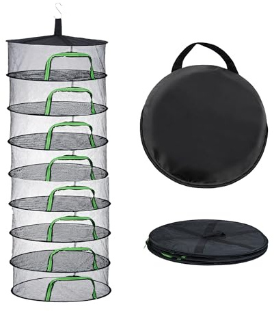 Relaxdays Rete di Essiccazione Pieghevole 8 Livelli per Erbe, Frutta, Verdura, essiccatore Appeso, Verde/Nero 160x60x60