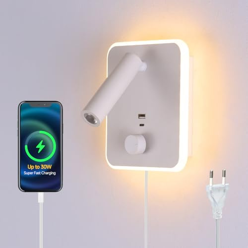 CNMYKYDS 30W Schnellladung Plug-in Wandlampen mit zwei USB-A/C Ports, verstellbare Leselampe, 2-in-1 Installation für Schlafzimmer/Wohnzimmer, LED-Wandlampen (Weiß)