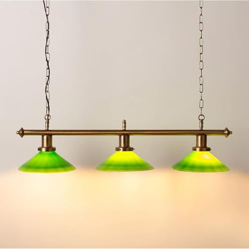 BARCELONA LED - Lámpara colgante de techo vintage BANQUERO con 3 luces E27, pantallas de vidrio verde, estructura de latón envejecido, iluminación decorativa para salón, comedor o mesa de billar