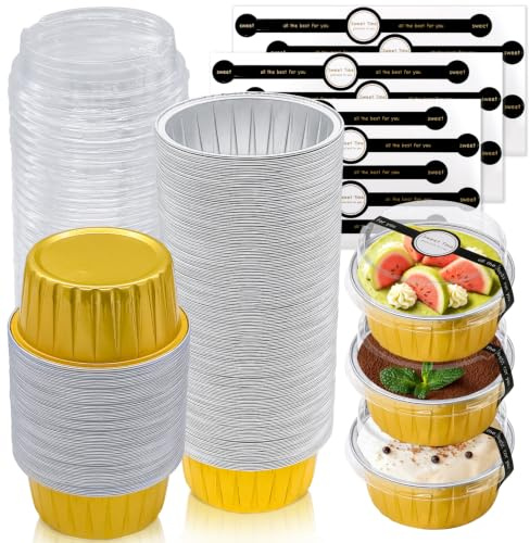 100 Set Re-usable Cake Tins with Lids and Stickers, 150ml Round Aluminum Foil Baking Pans Small Loaf Tins Cups Tart Pie Containers for Cupcake Muffins Desserts, Gold