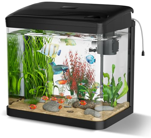 Liten glasakvarium, GuKKK komplett för guldfiskar, vattensköldpaddor, med LED-belysning och filtersystem, svart, nybörjar-kit, komplett mini-akvarium (10 l)