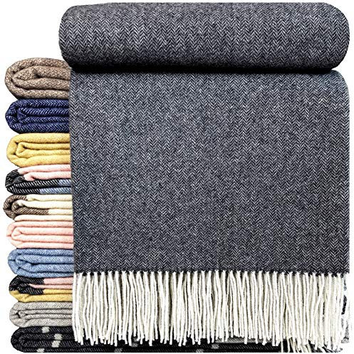 Coperta in cashmere, 100% lana, 140 x 200 cm, coperta a quadri, molto morbida, plaid “Faro” , Lana, grigio scuro, 140 x 200 cm