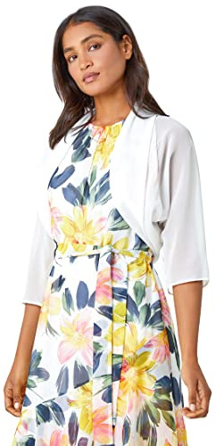 Roman Chiffon Bolero Shrug Jacket for Women UK Ladies Cover Up Cardigan Cardi Smart Formal Mesh Wrap Shimmer Cropped Blazer Wedding Guest Batwing Elegant Ruched Hem - Size 14 - Ivory