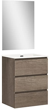 Baikal 830134022 Set Bagno sospeso a Parete con lavabo in Ceramica e Specchio | Tre cassetti, Chiusura Ammortizzata, melamina 16 mm | Mobile assemblato, Legno, Nebraska, 60 cm