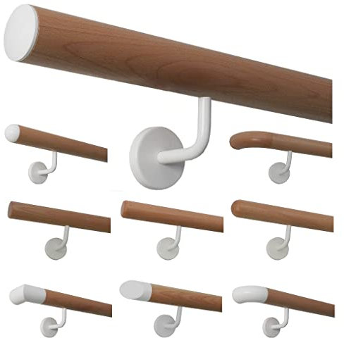 TIBU Buche Holz Handlauf Geländer weiße Edelstahl Halter 30-500cm Wandhandlauf Wand Treppe, Länge 230 cm mit 3 Halter und Endenleicht gewölbte weiße Kappen