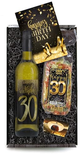 Bull & Bear Geschenkbox Happy Birthday 30, Set mit Weisswein, Nudeln und Geburtstagskarte, Geschenk zum 30. Geburtstag