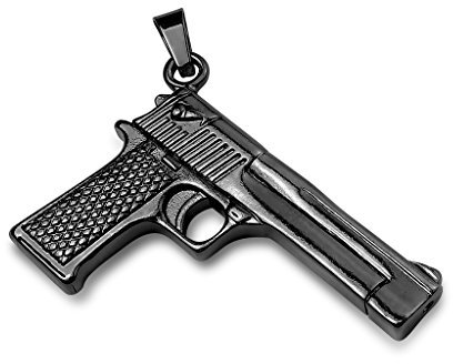 Paula & Fritz® Herren Ketten-Anhänger Pistole 316L Chirurgenstahl Schwarz 57 x 37-mm Halsketten-Anhänger Pendant Damen-kettenanhänger Männer Hand-Waffe